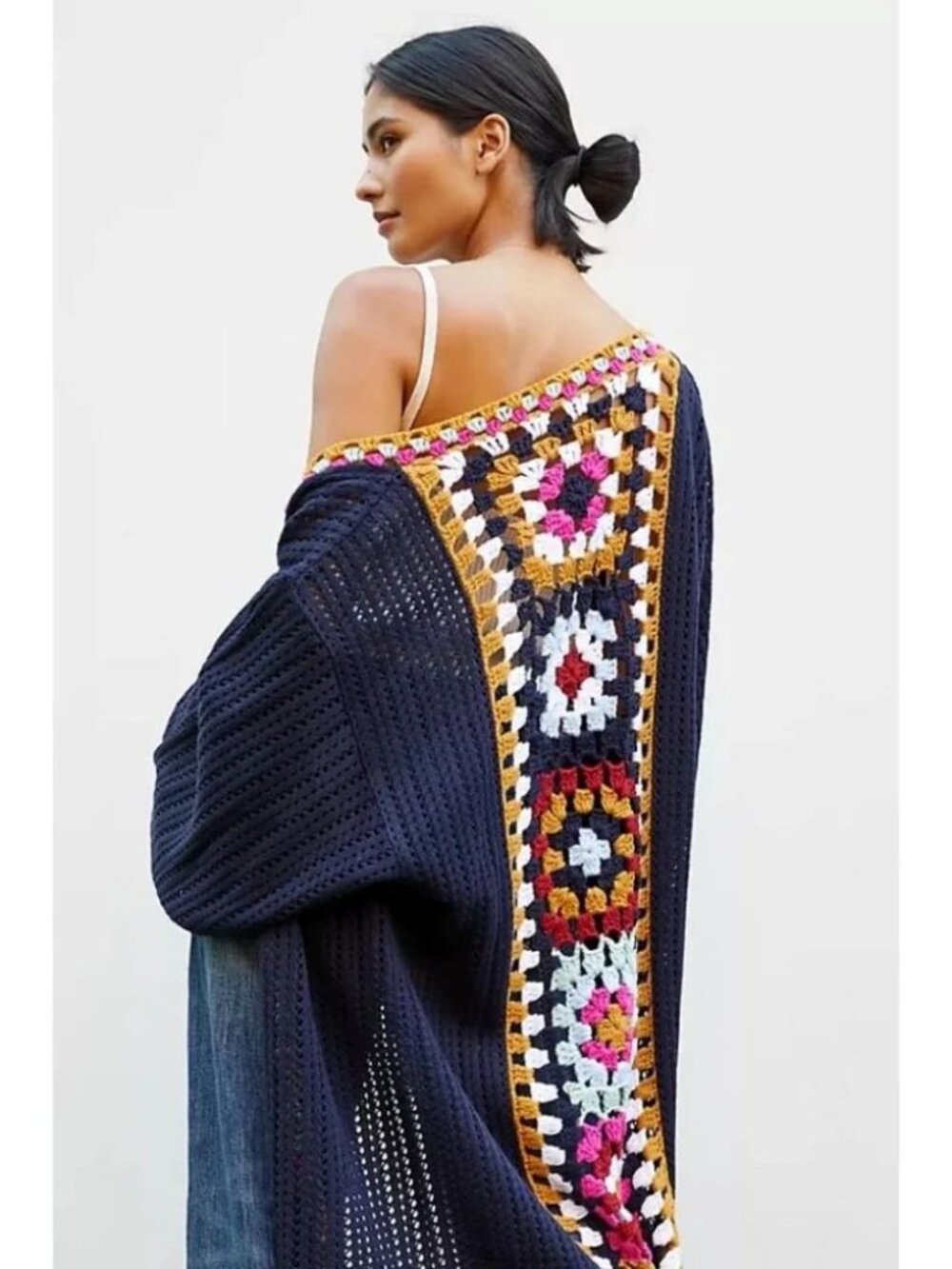 Anthropologie Navy Cardigan with Multicolor Crochet Trim - Picture 2 of 7